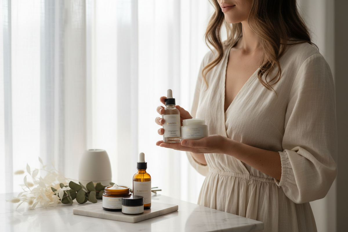 a lady holding skincare